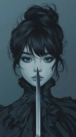 Young woman faces viewer with vertical sword alignment