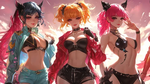 Stylized trio of anime girls in black tops and jackets.