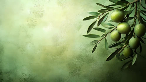 Olive tree branch with unripe fruit on textured green wall