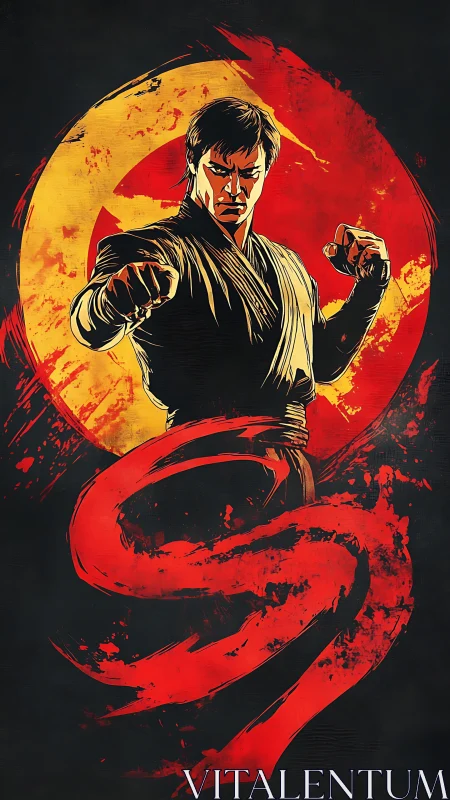 Martial artist strikes forward before red and yellow circle