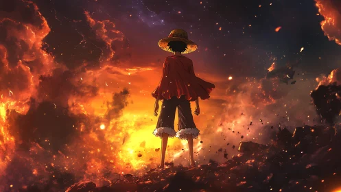 Figure in straw hat observing fiery sky and blasted terrain.