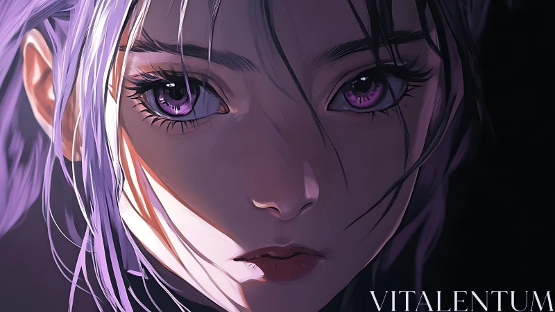 Close-up portrait shows stylized girl with violet eyes