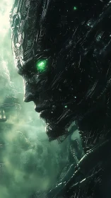 Cybernetic titan profile with glowing emerald core gaze.