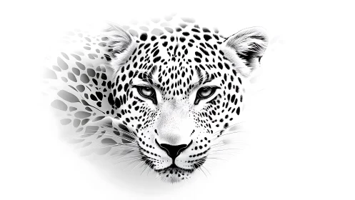 Monochrome leopard portrait with abstract dissolving pattern.