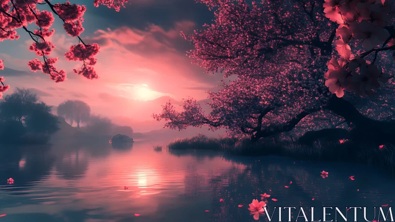 Dreamy pink lakeside blossoms under a glowing twilight sky.