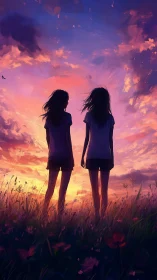Backlit silhouettes of two girls under high-saturation sunset sky