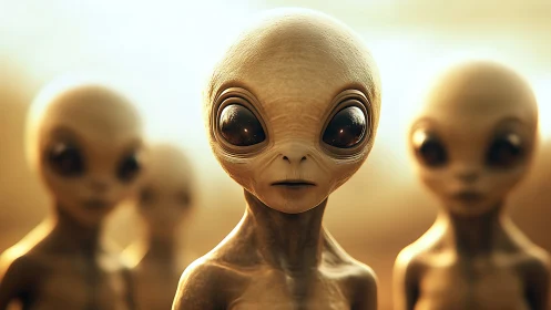Soft-lit alien quartet under golden atmospheric glow.