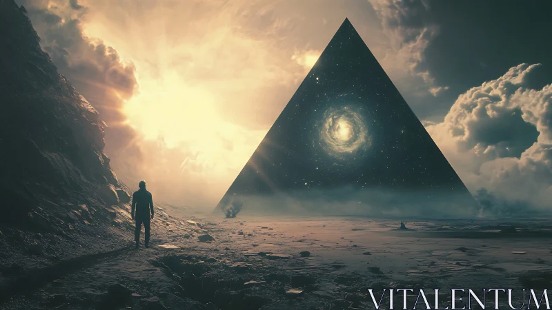 Stargazing wanderer meeting a glowing cosmic pyramid gateway.
