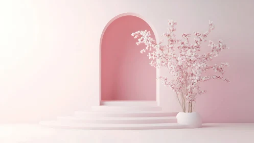 Soft pink archway with blossoming cherry branches vignette.