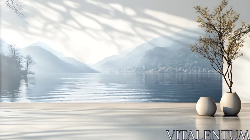 Serene lake and mountains create a tranquil modern interior view