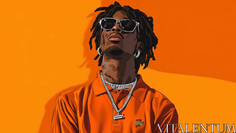 Stylized portrait of man in orange shirt on orange wall.