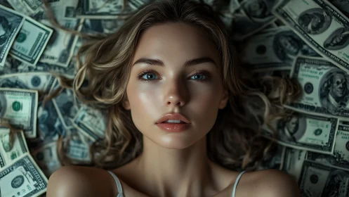 Hyperreal female portrait framed by scattered US banknotes