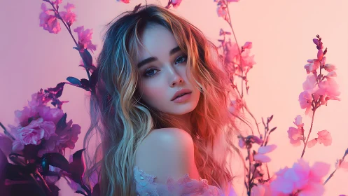 Digital portrait of young woman amid neon pink blossoms