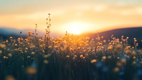 Golden wildflower meadow glows softly in a serene sunset.