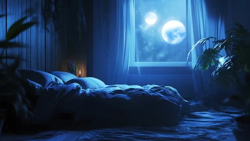 Moonlit bedroom interior overlooks dual planet night sky