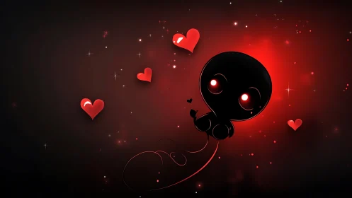 Cartoon dark figure with glowing red eyes floats among hearts