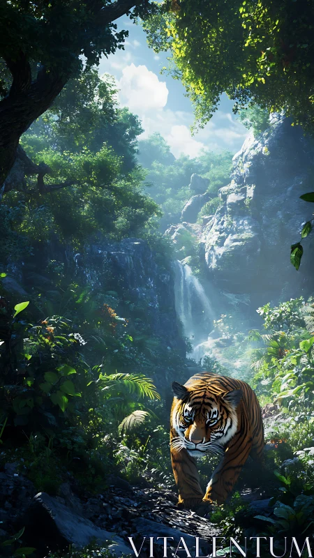 Tiger walking through dense jungle near rocky waterfall.