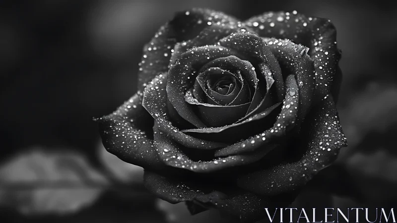 Monochrome macro rose bloom with dewdrops in shallow focus