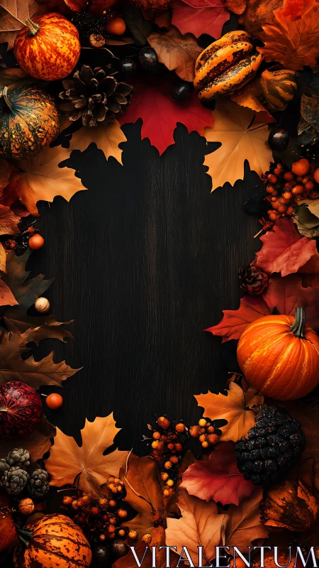 Cozy autumn harvest frame with pumpkins and falling leaves.