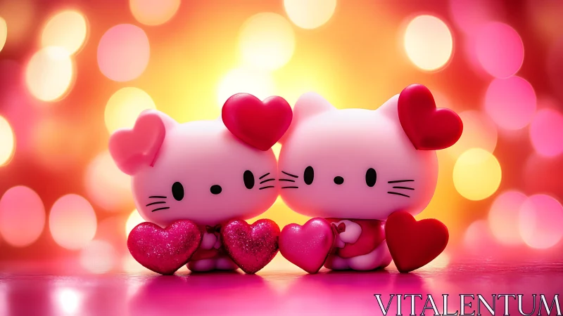 Twin Kawaii Felines with Crimson Hearts in Bokeh Ambient Environment.