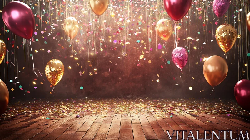 Luminescent Metallic Balloons and Cascading Confetti on Wooden Stage.