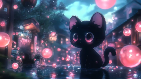 Moonlit kitten among glowing orbs in a dreamy street.