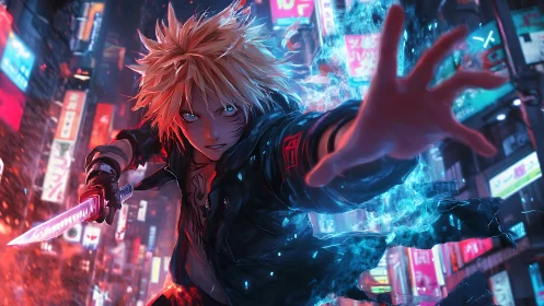 Electric-haired street warrior lunges through neon storm.