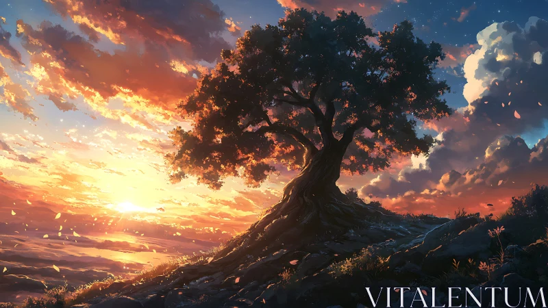 Backlit hilltop tree rendered against stratified sunset cloud layers