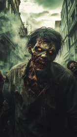 Ember-eyed zombie stalks a smoldering post-apocalyptic street.
