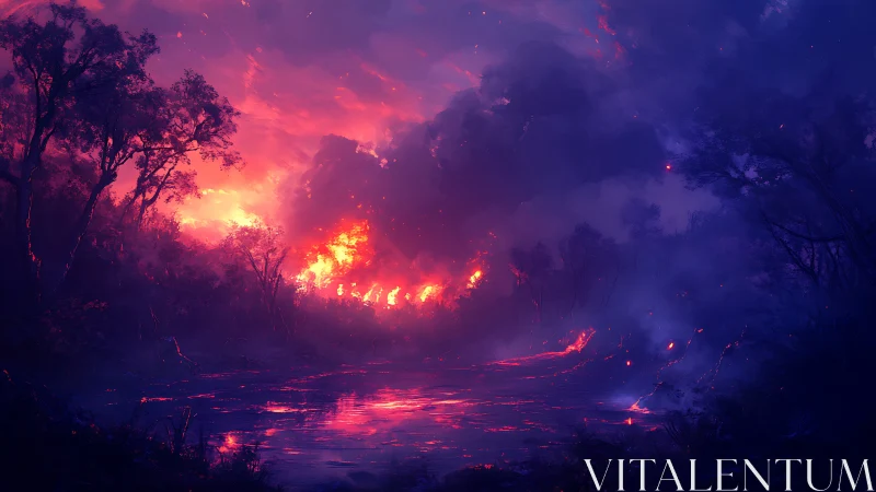 Nighttime landscape with active fire and reflected light on water