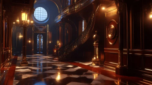 Gilded grand hall where marble floors sip molten lamplight.