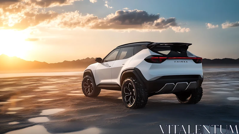 Futuristic white SUV concept dominates reflective desert plain