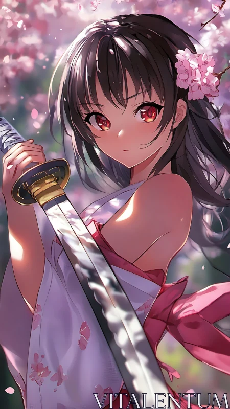 Sakura-lit katana maiden in high-contrast anime rendering.
