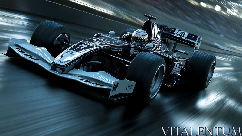 Photorealistic Formula race car in dynamic motion blur study.