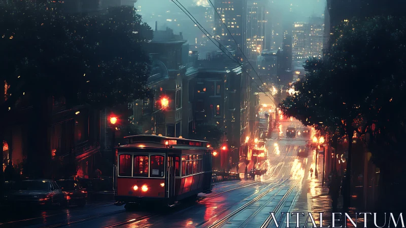 Rainy urban streetcar on illuminated downtown hillside.