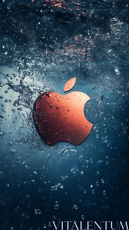 Red metallic apple emblem submerged in turbulent water field.