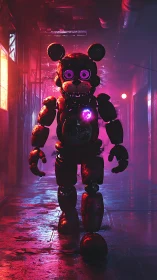 Damaged animatronic bear in neon lit industrial hallway.