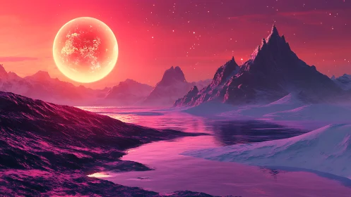Glowing red planet illuminates stylized icy alien mountainscape