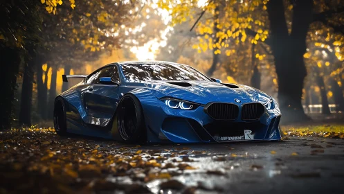 Blue widebody sports car resting under golden autumn trees.