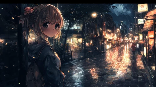 Rain-soaked anime street scene with reflective neon lights.