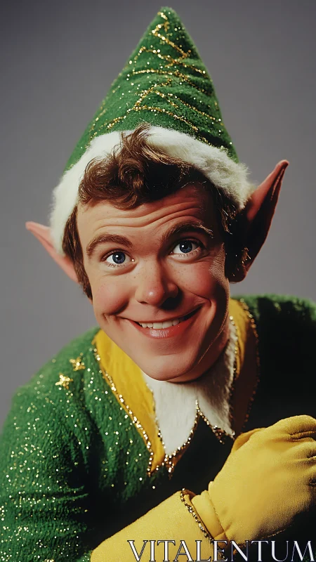Mischief-bright Christmas elf grins in glittering green suit.