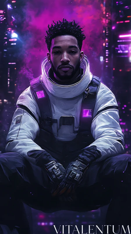 Calm space explorer resting in neon purple city glow.