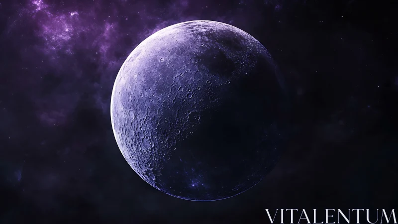 Craters and terminator define a purple lit moon in deep space