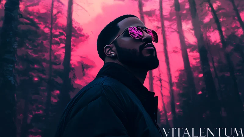 Neon-lit portrait in stylized forest with reflective glasses.