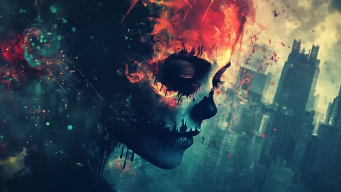 Combustive spectral portrait intersecting dystopian skyline.