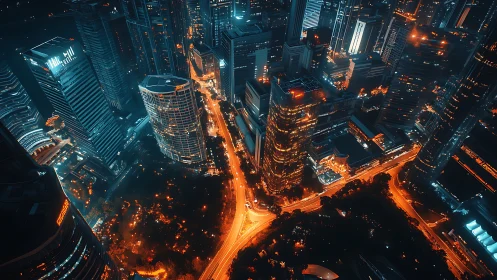 Neon-lit highrise corridor defines bifurcated traffic flows at night