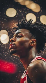 Focused basketball player under arena lights at night.