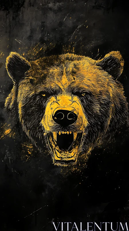 Roaring bear head in yellow on dark textured background.
