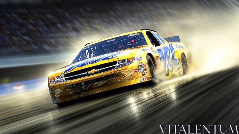 Golden stock car storms the speedway in glittering heat.