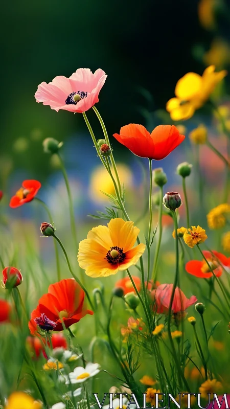 Vibrant Wildflower Garden: Pink, Red, and Golden Blooms in Natural Sunlight.